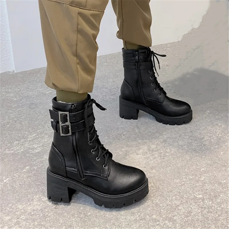 Женские ботинки с пряжкой PXELENA готические боевые на высоком массивном каблуке