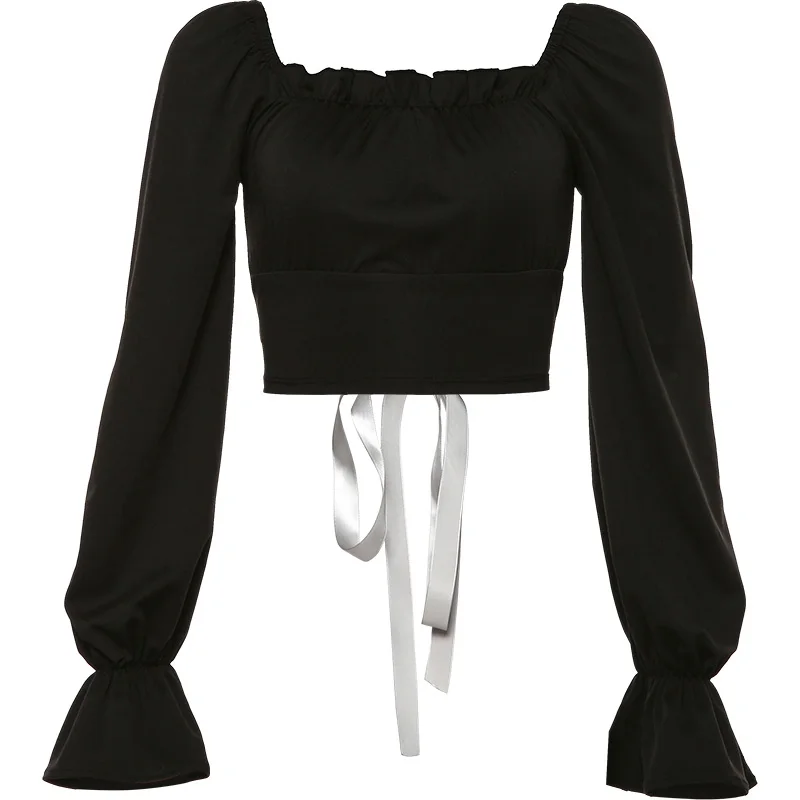 

Crop Tops Women Autumn Long Sleeve Bandage Top Punk Style Harajuku Shirt Square Neck Gothic Clothing Streetwear Outfits for Girl