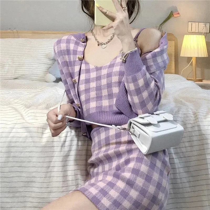 

Casual Pink Plaid 3pcs Suit Women Harajuku Single-breasted Long-sleeved Loose Halter Top+mini Skirt+sun Protection Clothing Suit