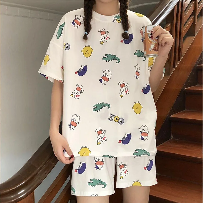Летние женские пижамные комплекты с коротким рукавом Женская милая свободная