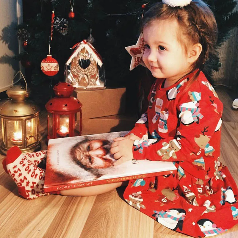 

Christmas Autumn Casual Baby Girls Long Sleeve Cartoon Print Dress Kids Pageant Dresses