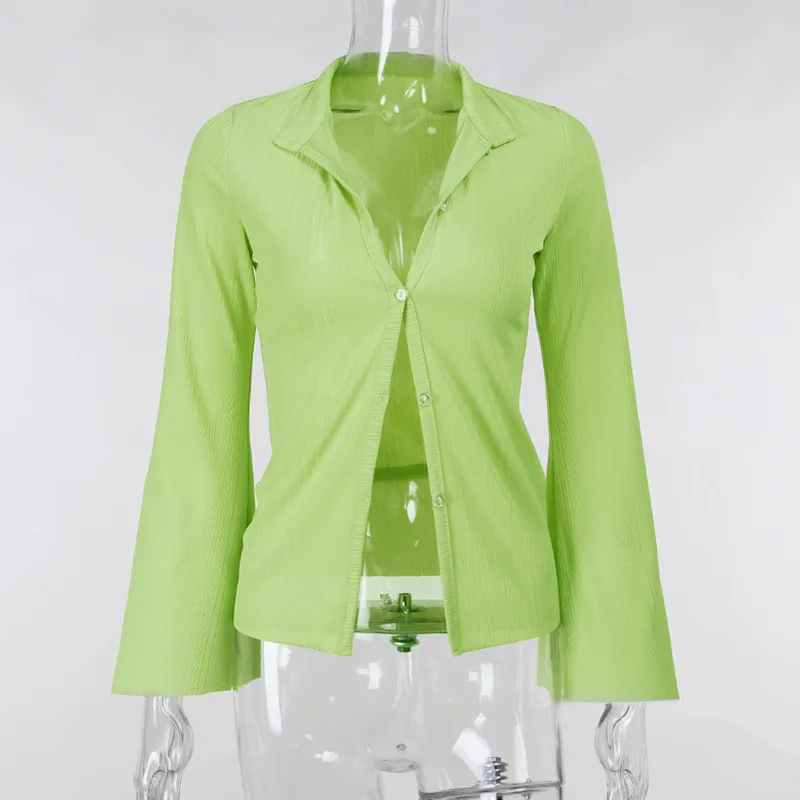 

2021 Women's Shirts Women's Autumn Long-Sleeved Shirts Women's Korean Loose Casual Green Tops Pure Color Elegant Tops All-Match