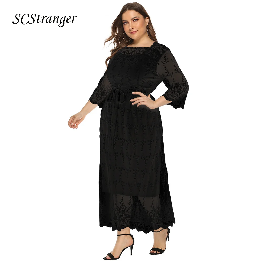 

Maxi Dress For Women 2021 Plus Size Black Summer New Style Lace Mid Sleeve One Collar Fairy Beach Vacation Dresses