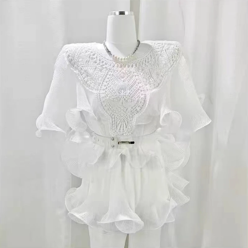 

TWOTWINSTYLE Vintage Purple Ruffle Shirts For Women O Neck Short Sleeve Korean Patchwork Loose Blouses Female New Summer Fashion