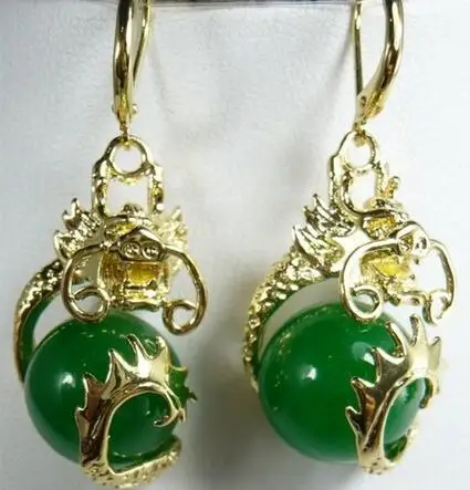 

Fancy fine 14mm green jade dragon gem earrings