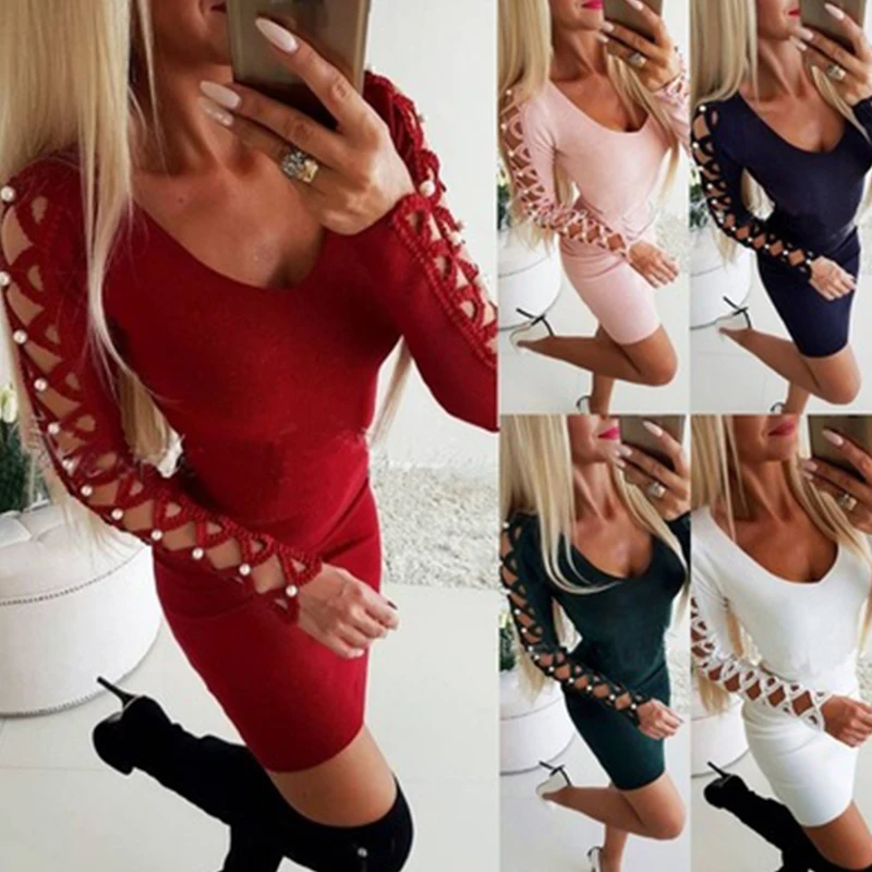 

Elegant women's spring and autumn sexy slim V-Neck long sleeve dress women's hook flower hollowed out Beaded sexy buttock dress