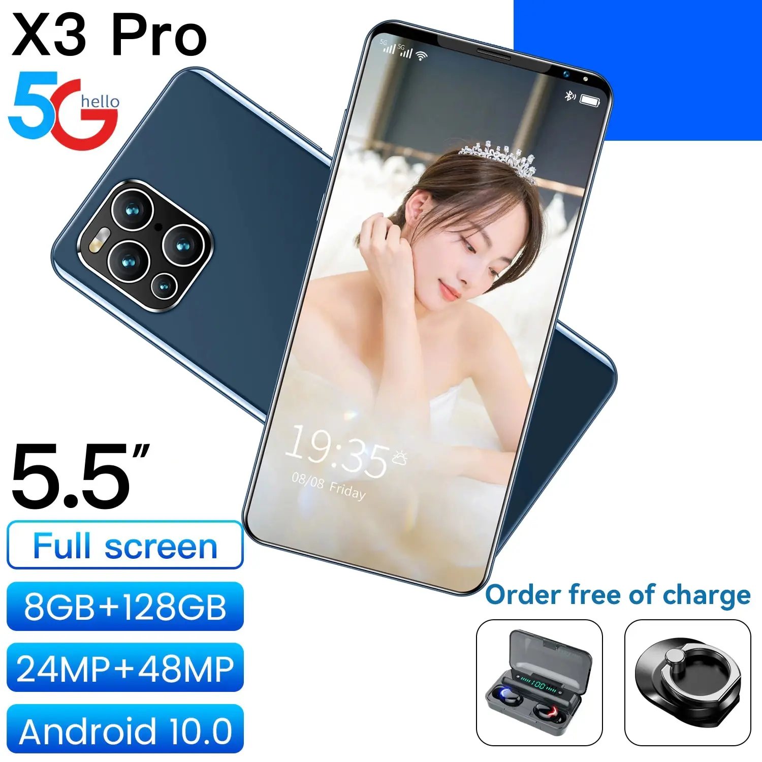 

New Galxy X3 Pro Global Version 5.5 Inch Smartphone 8 128GB 24+48MP Cellphone 4800mAh Android 10 Double SIM Mobilephone Face ID