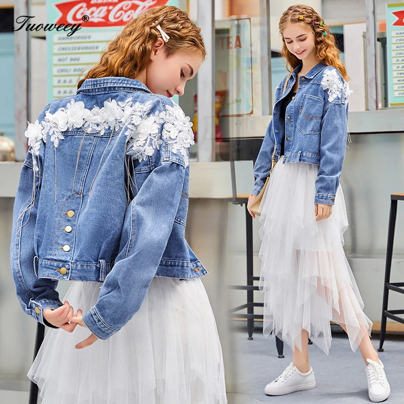 Женская джинсовая куртка с цветочной вышивкой длинным рукавом|Женские куртки| |