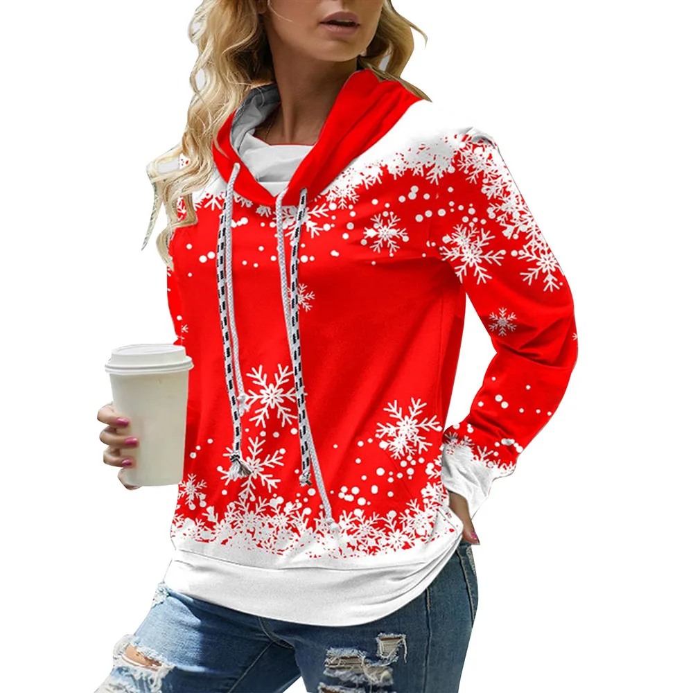 

Women Autumn Pile collar Floral Print Pullover Casual Terry Round Neck Christmas Draw String Long Sleeve Basic Female Xmas Tops