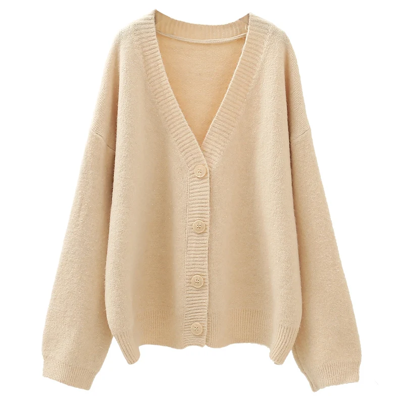 

Loose Knitted Women Sweater Cardigan Winter New V-Neck Solid Lantern Sleeved Thicken Warm Female Outwear Coats Tops