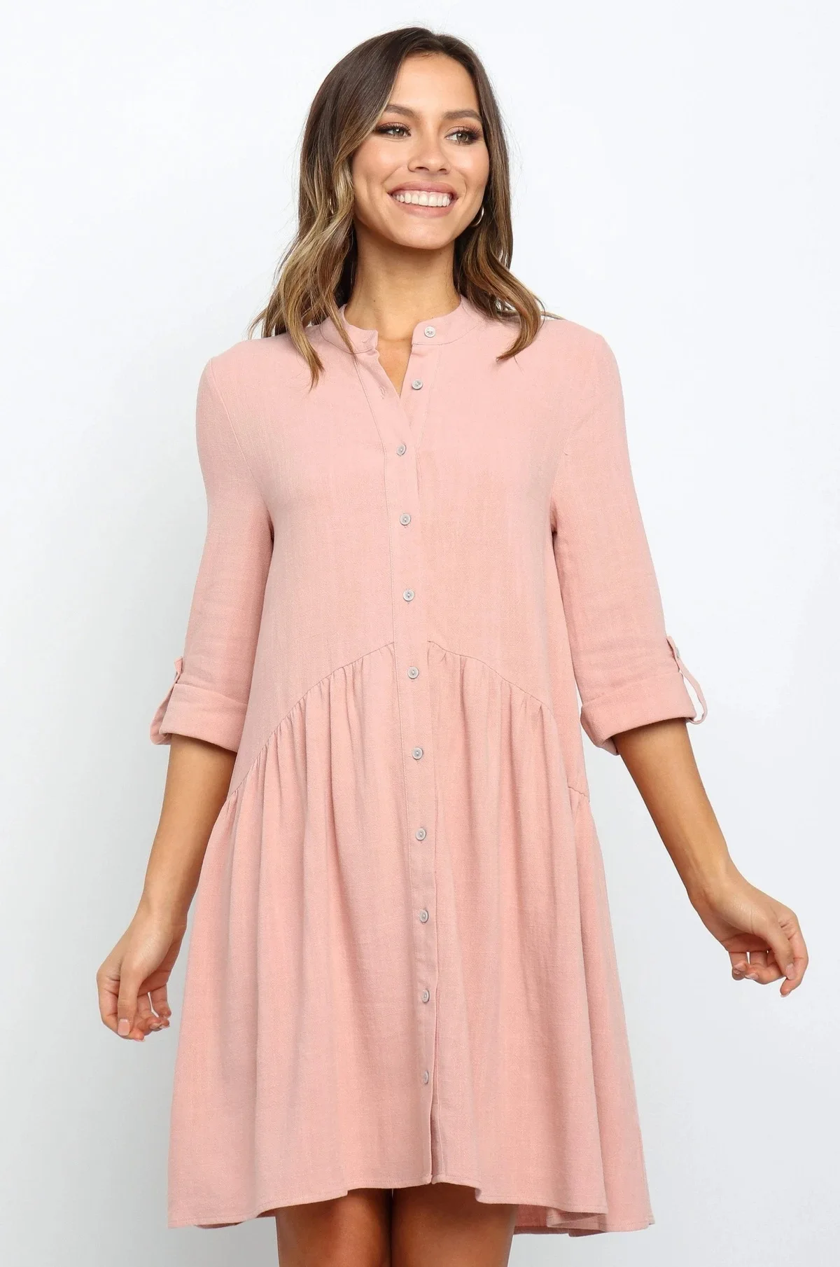 

Autumn Women's Splicing Single Button stand collar Loose Dress 2020 New Leisure High End Atmosphere Solid Lady Dress
