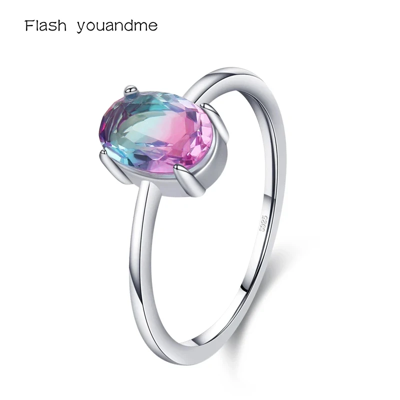 

100% Real 925 Sterling Silver Simple Luxury Oval Rainbow Color Tourmaline Finger Ring For Women Wedding Statement Jewelry