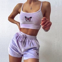 yiciya sexy butterfly inwrought women tracksuit 2 piece set plus size elastic womens cropped high waist shorts lace up casual