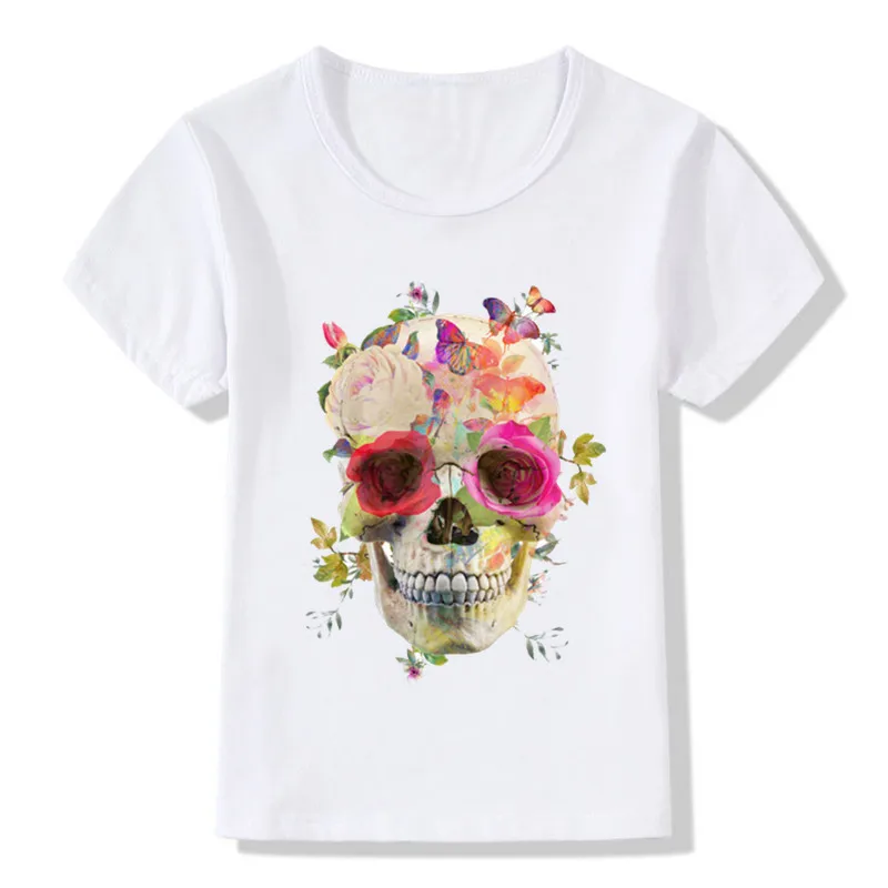 2020 Детские Забавные футболки с цветочным принтом черепа для девочек и мальчиков