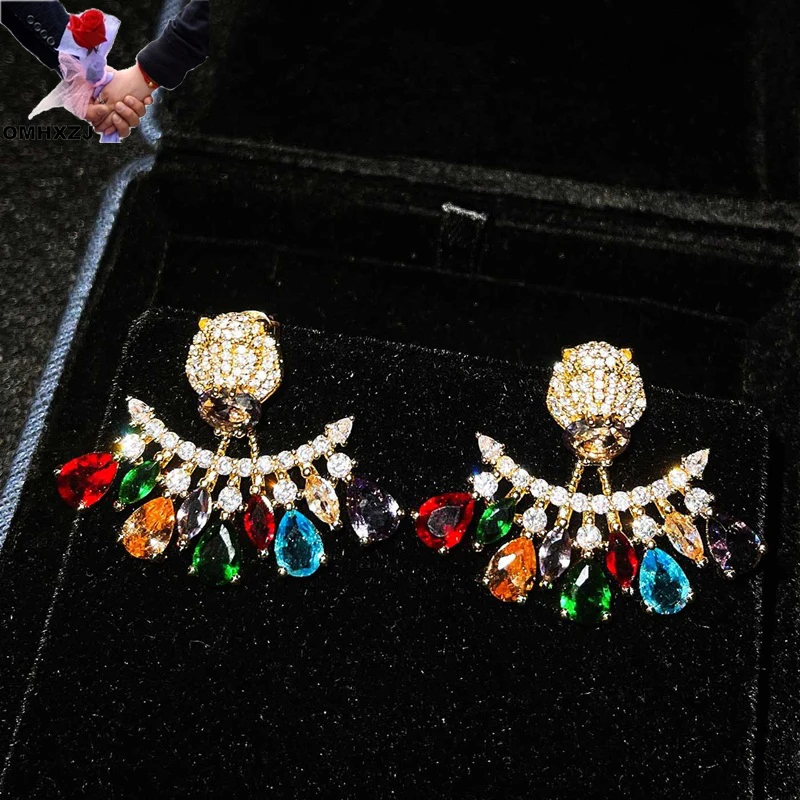 

OMHXZJ Wholesale EA897 European Fashion Fine Woman Girl Party Birthday Wedding Gift Tiger AAA Zircon 18KT Gold Stud Earrings