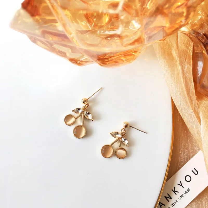 

S925 needle Lovely Cherry Drop Earrings Popular Design Metal Alloy High Quality Clear Glass Cream Resin Fruit Earrings For Girl