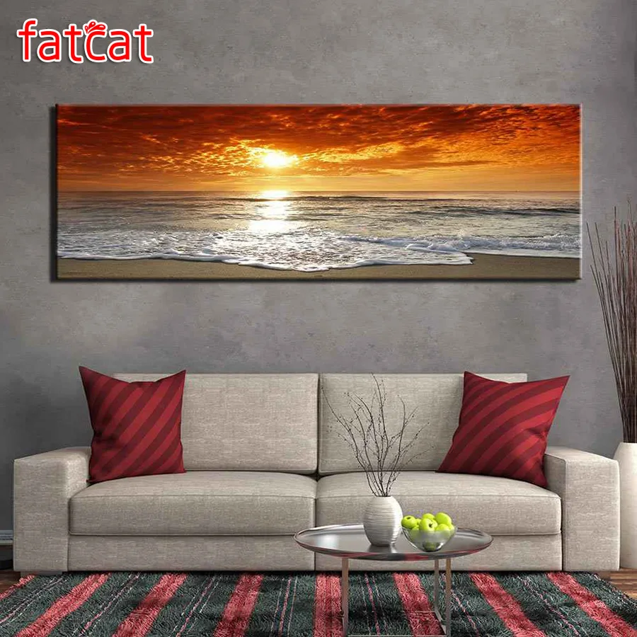 

Большой пейзаж FATCAT, спокойное море, восход солнца, 5D «сделай сам», алмазная живопись, полноразмерная круглая вышивка стразы, распродажа, дек...