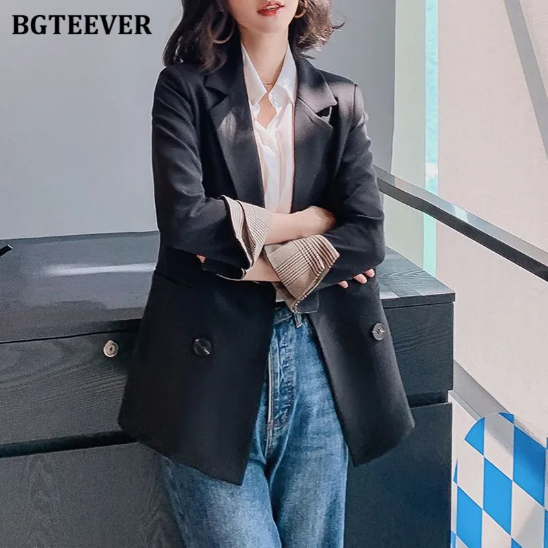 

BGTEEVER Elegant Workwear Women Blazer Jacket Notched Collar Patchwork Double-breasted Female Suit Jacket 2020 Office Outwear