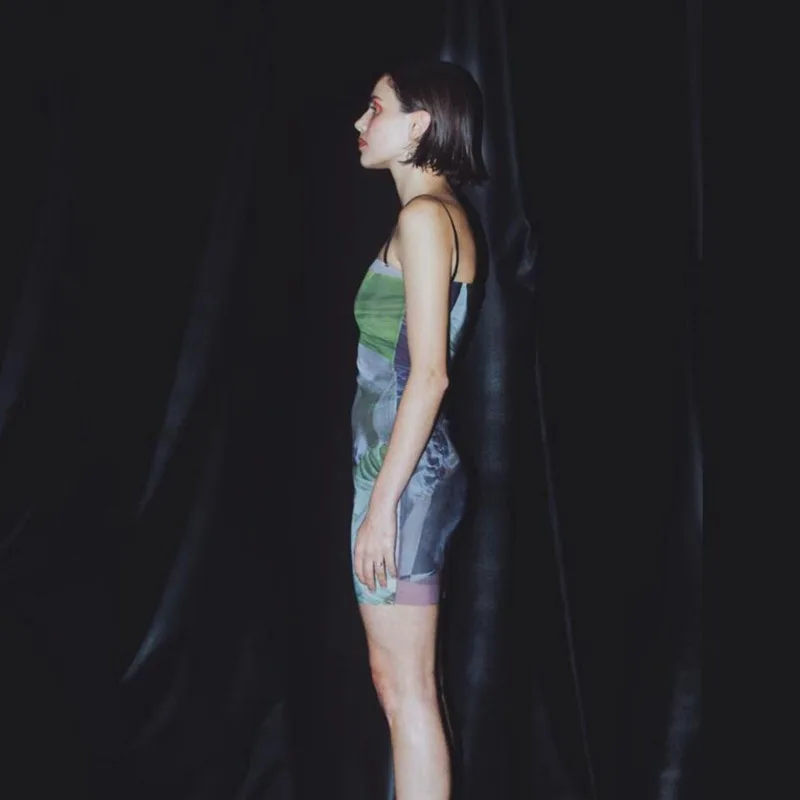 

Sexy Slip Dress For Women Mesh Printing Summer Sleeveless Y2K Dress Spaghetti Strap Wrap Party Mini Bodycon Dresses Backless