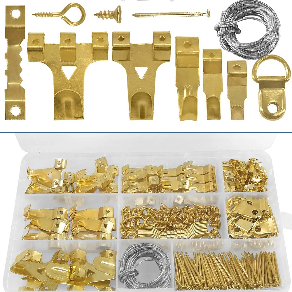 250PCS/SET Picture Photo Frame Holder Golden D-Ring Picture Hooks Kit Holder Rack Picture Wall Decoration Hanger With Screws