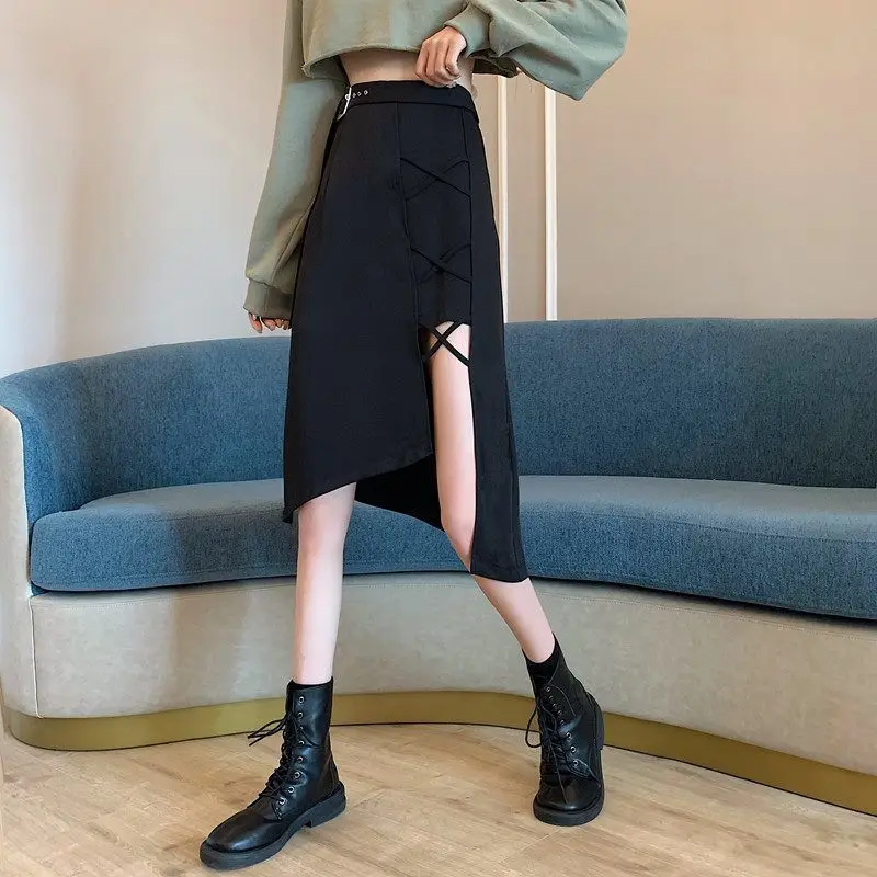 

Design sense irregular skirt women's spring 2021 new niche side split skirt black waist a