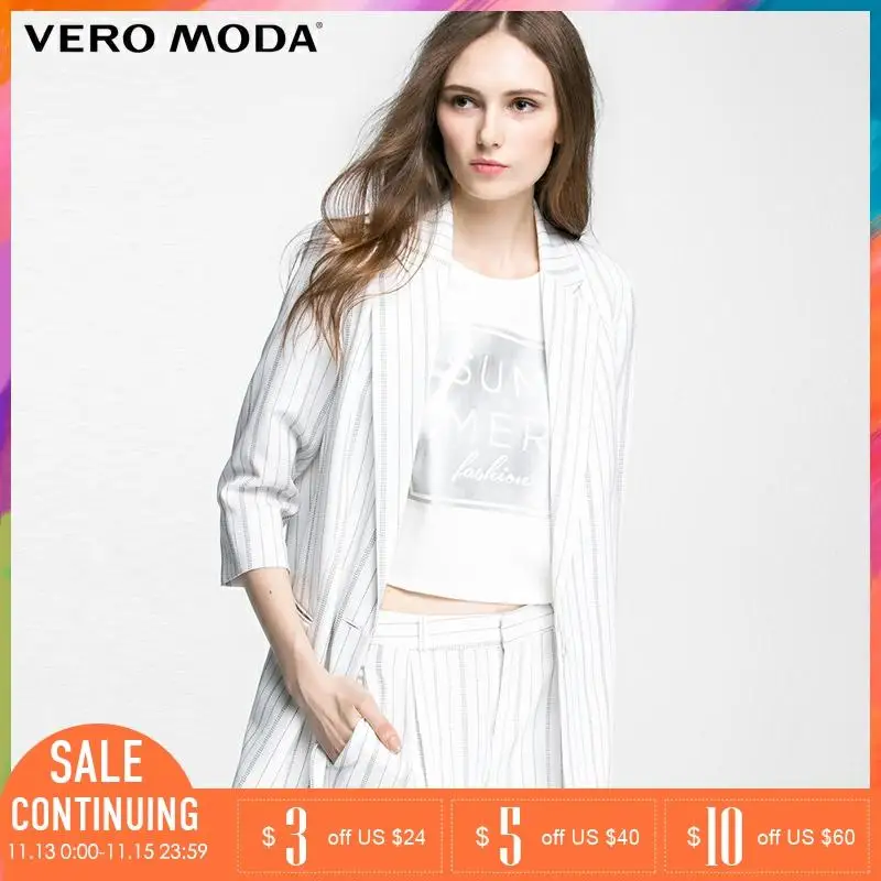 Vero Moda Новый Полосатый на одной пуговице прямой рукав три четверти двойной карман