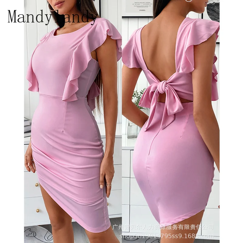 

Mandylandy Women's Elegant Bandage Bodycon Dress Ladies Ruffle Sleeve High Waist Halter Bow Tie Slim Fit Party Evening Dress