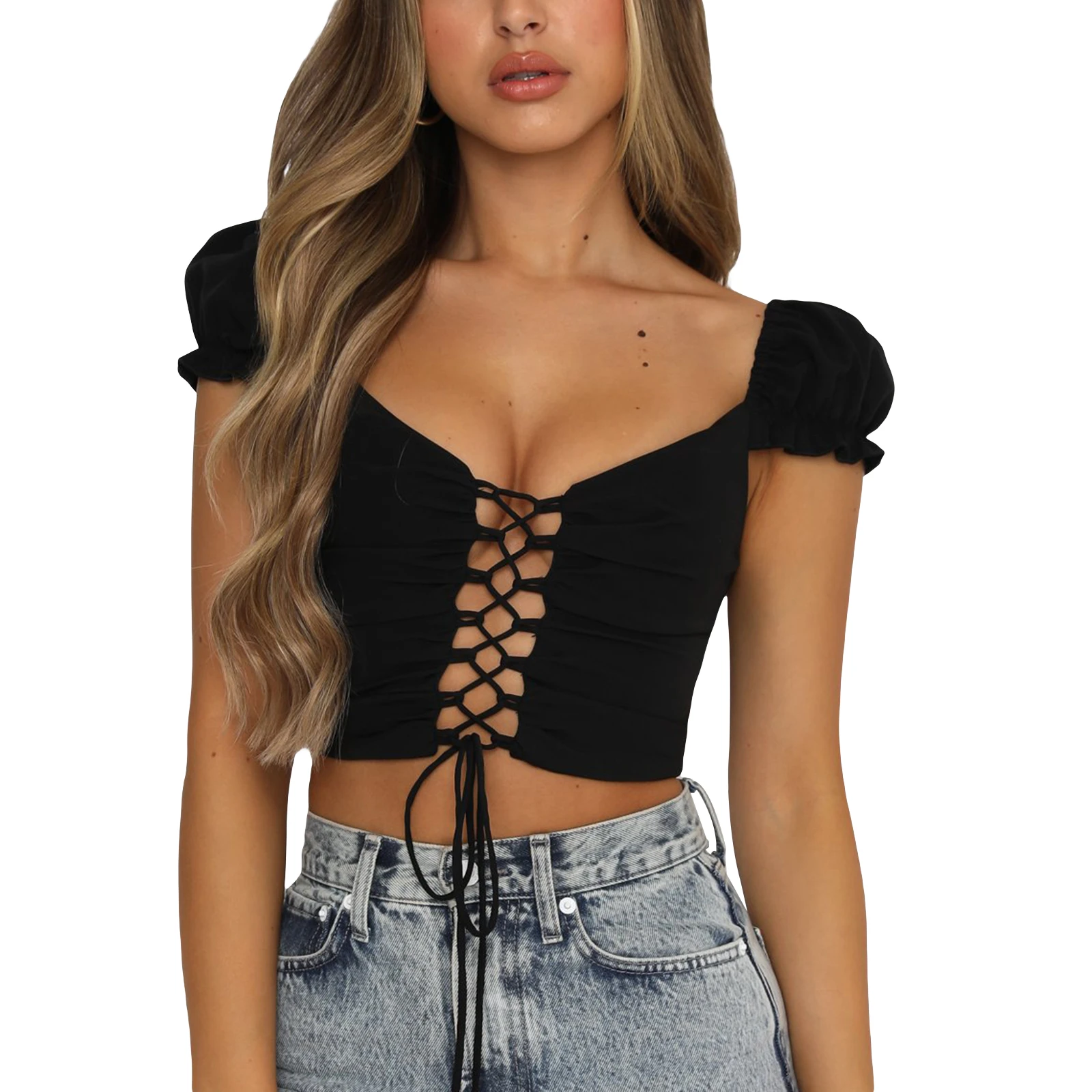 

Women Navel Short Sleeves with Adjustable Straps, Sexy V-neck Skinny Fit Summer Clothing