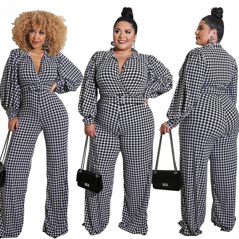 

Plus Size S-5XL Rompers Jumpsuit Women Winter 2021 Plaid Office Ladies One Piece Outfit Sashes Bodysuit Wholesale Dropshipping