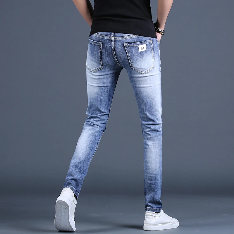 Summer Men Light Blue Stretch Jeans Korean Style Casual Cotton Denim Slim Fit Pencil Pants