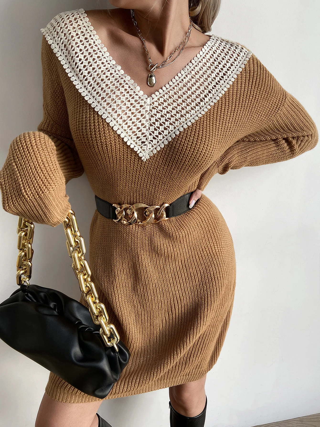 

Autumn women's Long Sleeve Leisure Style Polyester Material New High Collar Lantern Sleeve Head Knitted Wool Dress