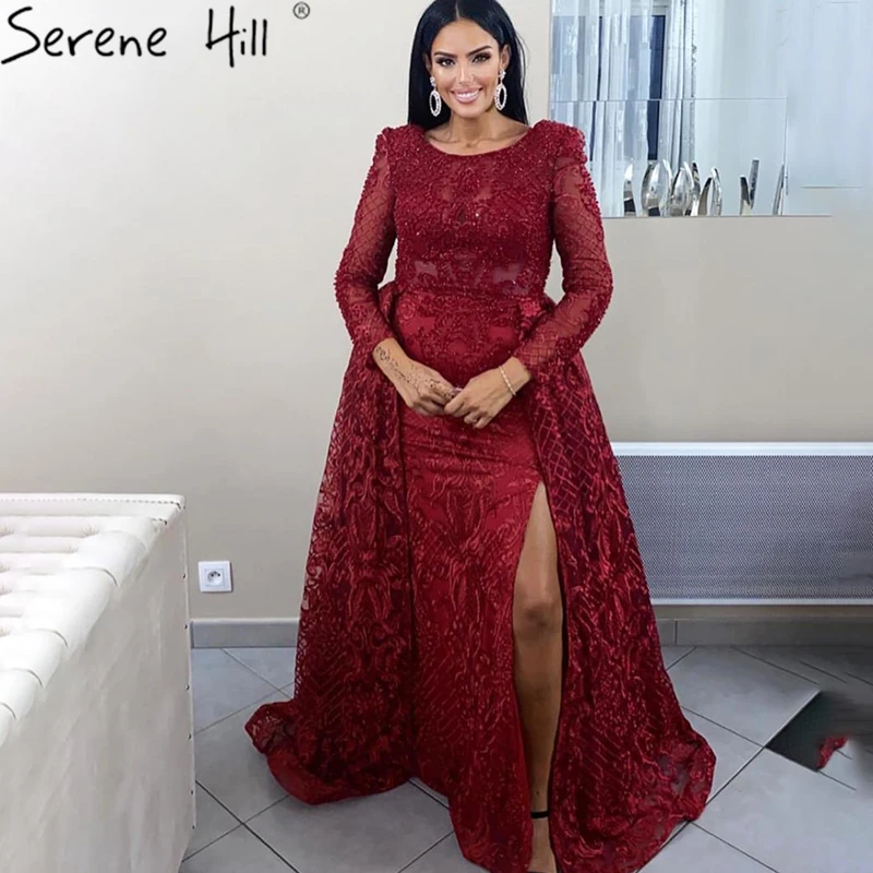 Винно-красное вечернее платье с длинным рукавом Дубай 2020 Русалка О-образным