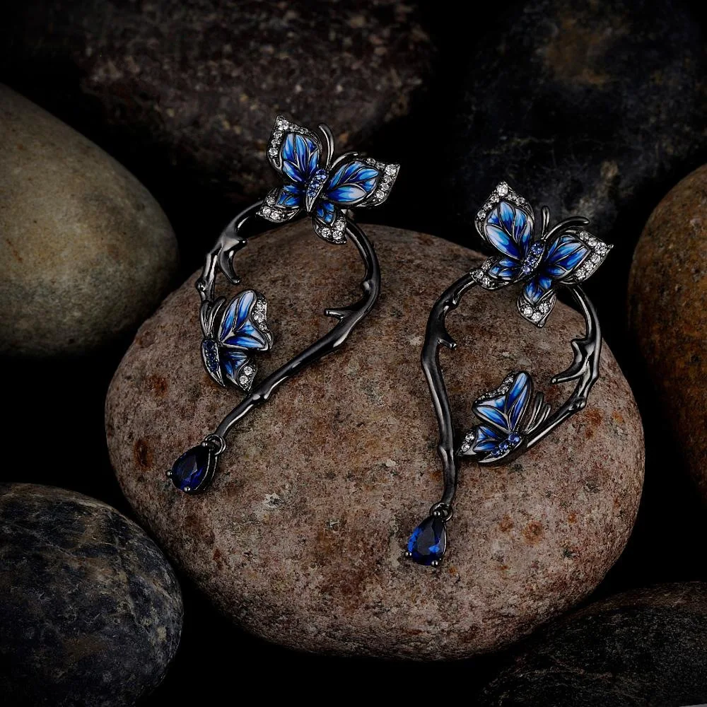 

Bohemia Vintage Black Gold Filled Butterfly Drop Earrings for Women AAA Zircon Blue Enamel Wedding Bride Dangle Earrings Jewelry