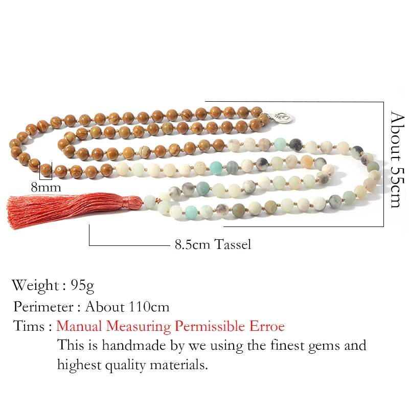 

OAIITE Yoga Meditation Necklace Natural Amazonite Stone 108 Bead Necklace Handmade Knot Prayer Long Tassel Strand Necklace