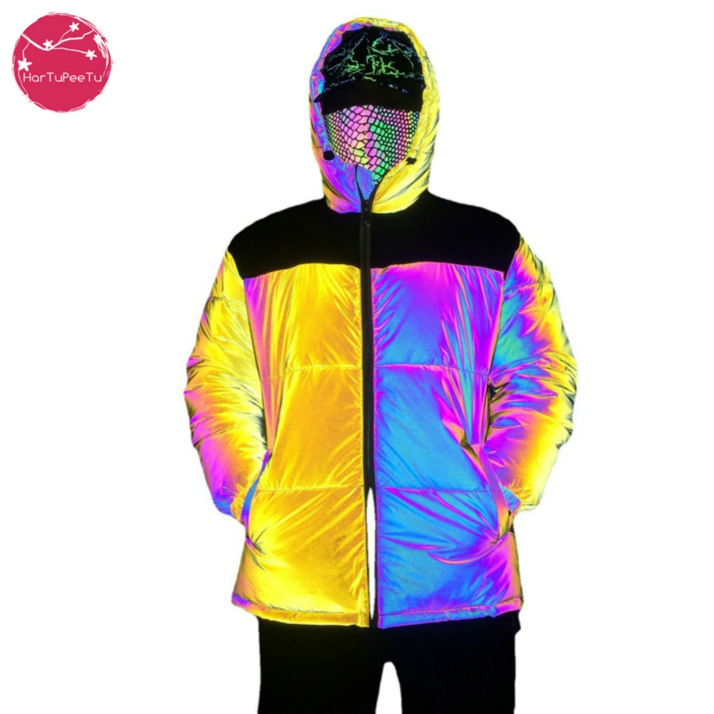 Europe America Winter Patchwork Yellow Colorful Reflective Jacket Cotton Padded Coat Men Cross Border Large Size Hip Hop Street