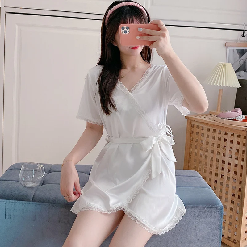 

Ночная рубашка, Летний Тонкий халат из ледяного шелка с коротким рукавом