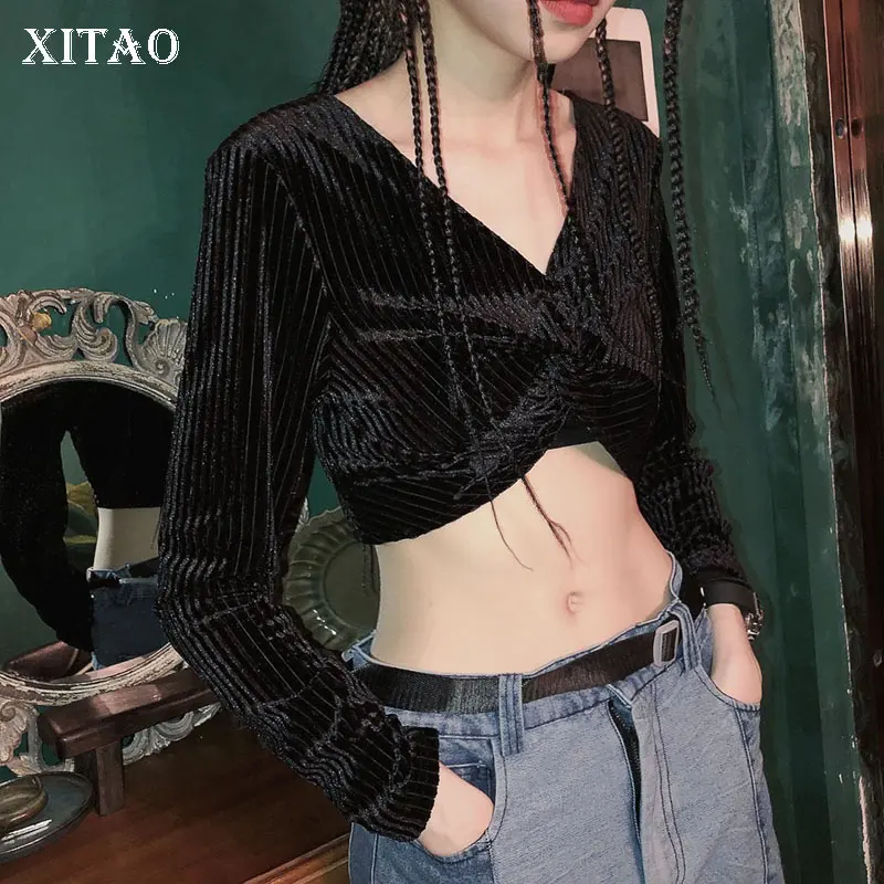 XITAO облегающая черная футболка женская элегантная необычная маленькая свежая