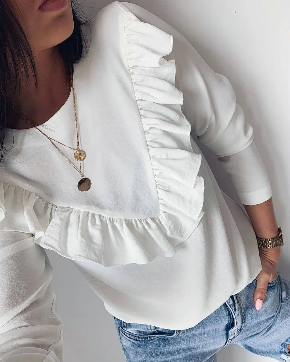 Белые черные хаки с оборками в стиле пэчворк милые женские осенние Топы