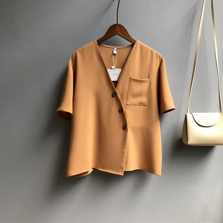 Косой пряжкой v-образным вырезом женские летние рубашки с коротким рукавом синие