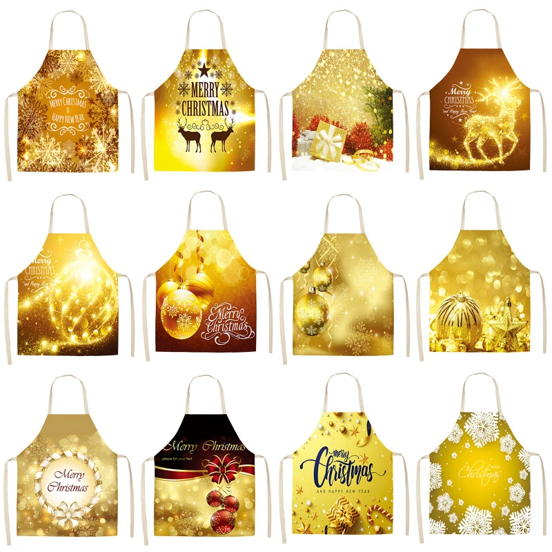 

1Pcs Christmas Golden Deer Printed Cleaning Aprons Home Cooking Kitchen Apron Cook Wear Cotton Linen Adult Bibs 53*65cm WQL0130