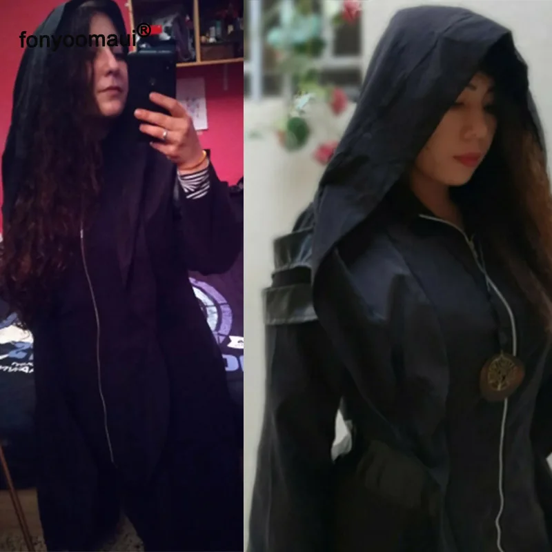 Костюм пирата ассасин для женщин на Хэллоуин черная длинная куртка с капюшоном