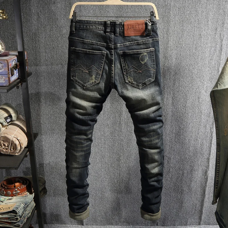 European Vintage Fashion Men Jeans Retro Distressed Washed Slim Fit Ripped Jeans Men Scratch Designer Casual Cotton Denim Pants