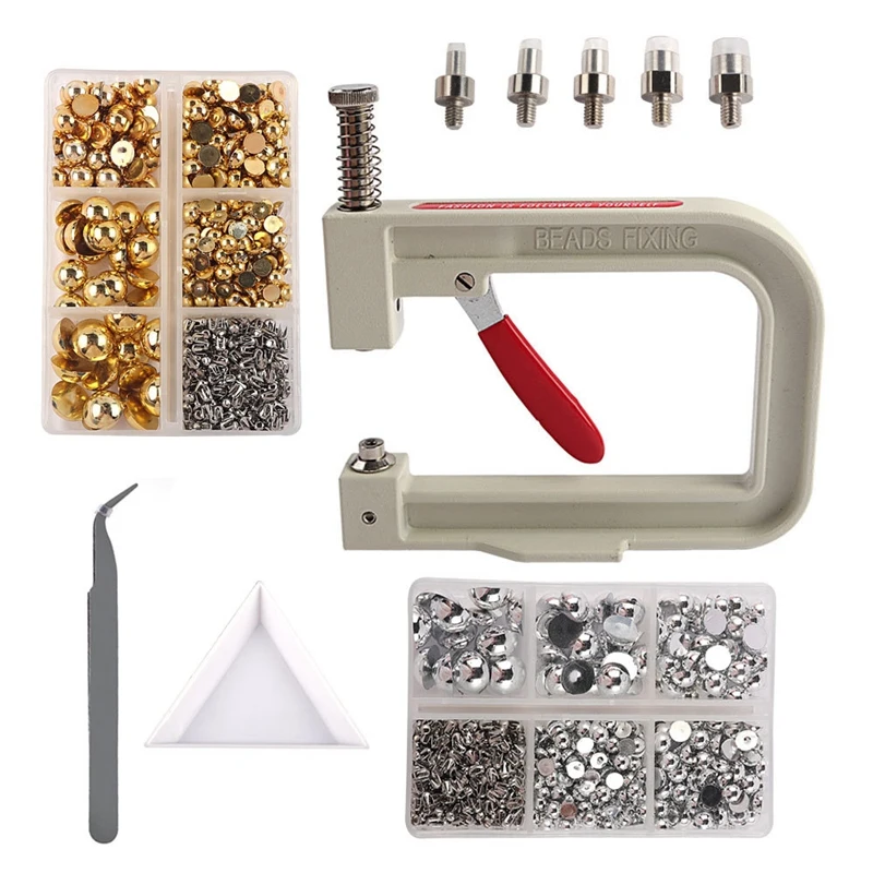 

Pearl Setting Machine (Including 5 Pcs Molds) With 2 Box Of 5 Sizes Golden And Silver Hemispherical Pearls Kit