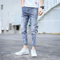 summer korean teenagers stretch slim fit jeans mens ripped casual light colored brand ankle length pants