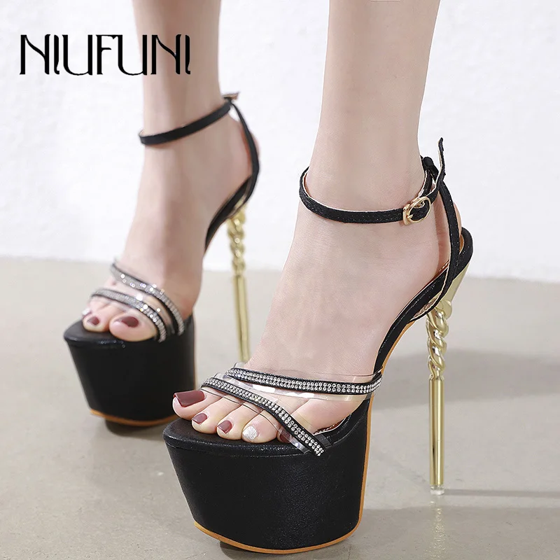 

Rhinestone Transparent Women Sandals Buckle Platform Ultra High Heel Stiletto Shoes Peep Toe Wedding Plus Size 35-43 NIUFUNI