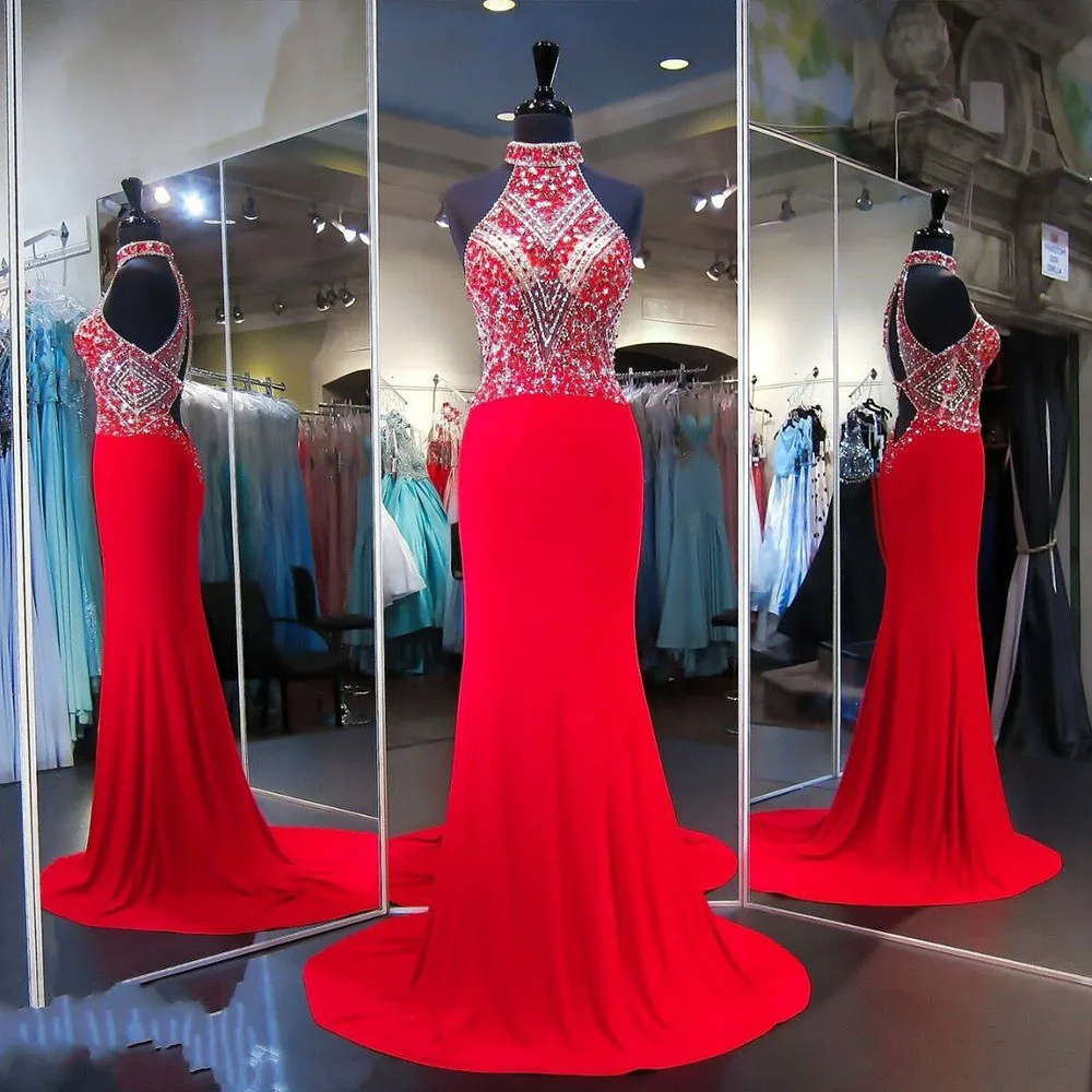 

Женское вечернее платье-русалка, серебристое платье с вышивкой бисером и лямкой на шее, с красными кристаллами, для выпускного вечера, 2021