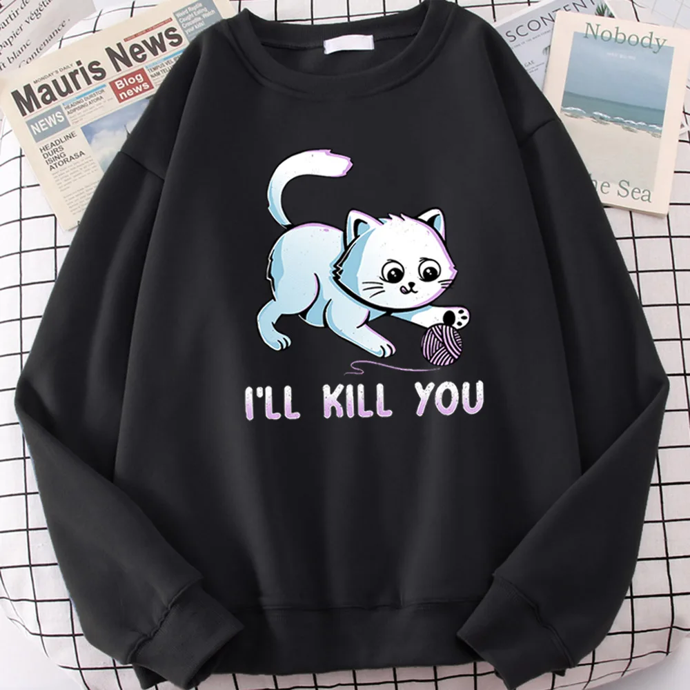 

Womens Sweatshirts White Cat Playing With Balls Of Yarn Printed Hoodie Women Fashion Oversized Sweater Funny Animal Females Tops