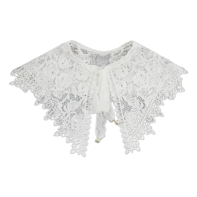 

896E Aesthetic Embroidery Floral Lace Big Shawl Hollow Out Crochet Decorative Fake Collar Ribbon Bow Dress Half Shirt Capelet