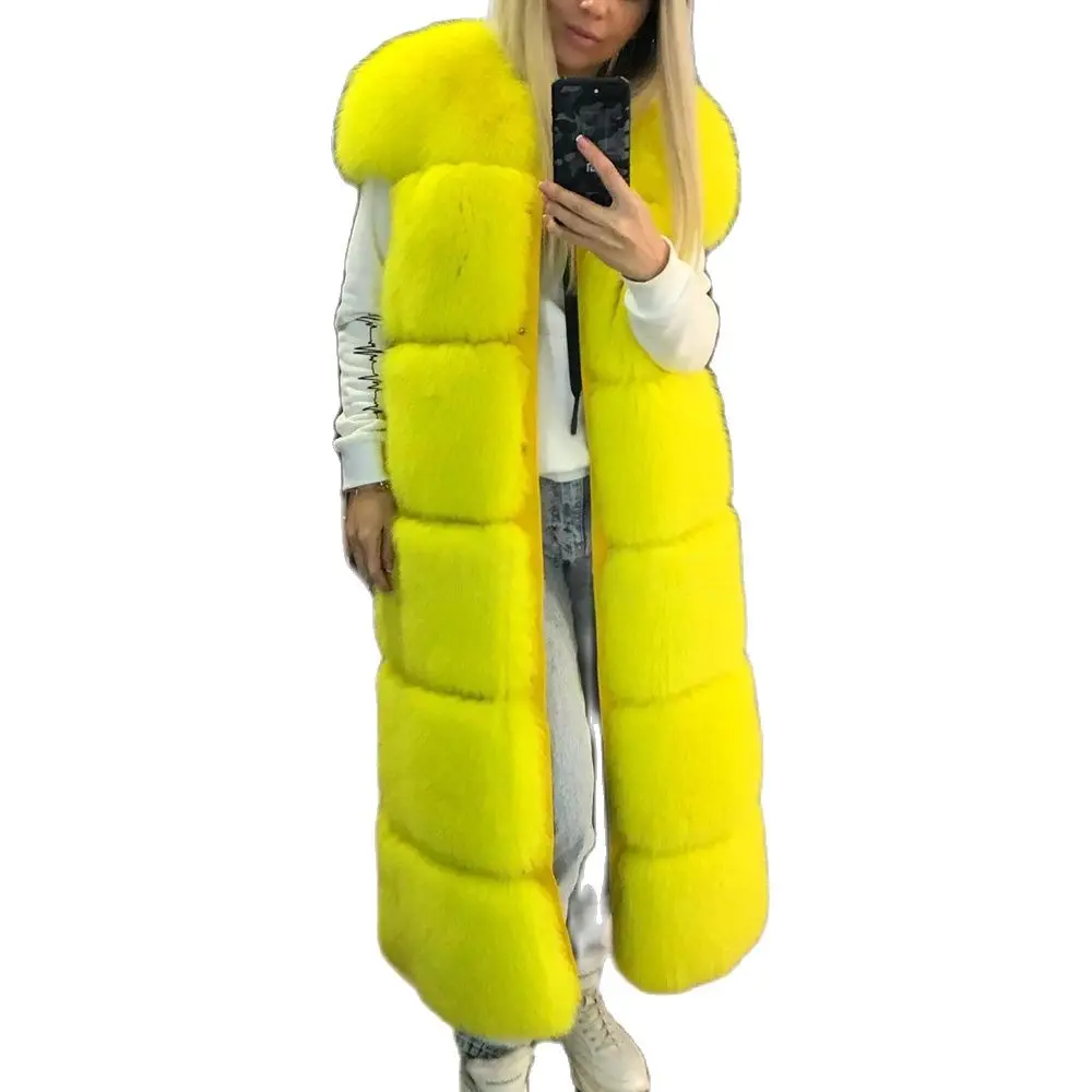 Long Real Fox Fur Coat Short Sleeve Fashion Yellow Color Whole Skin Genuine Fox Fur Coats Female Outwear Winter Fur Overcoats
