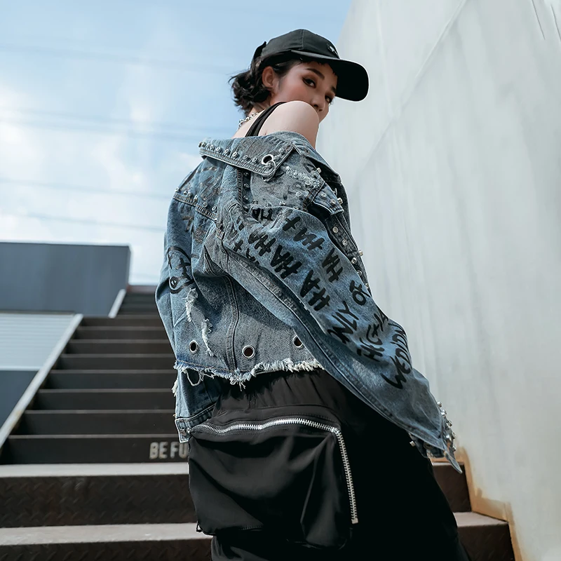 Graffiti Print Denim coat Punk Rock Jeans jacket 2021 New Autumn Rivet Hip Hop Holes Coat Big Size Coats High Waist LT556S50 | Женская